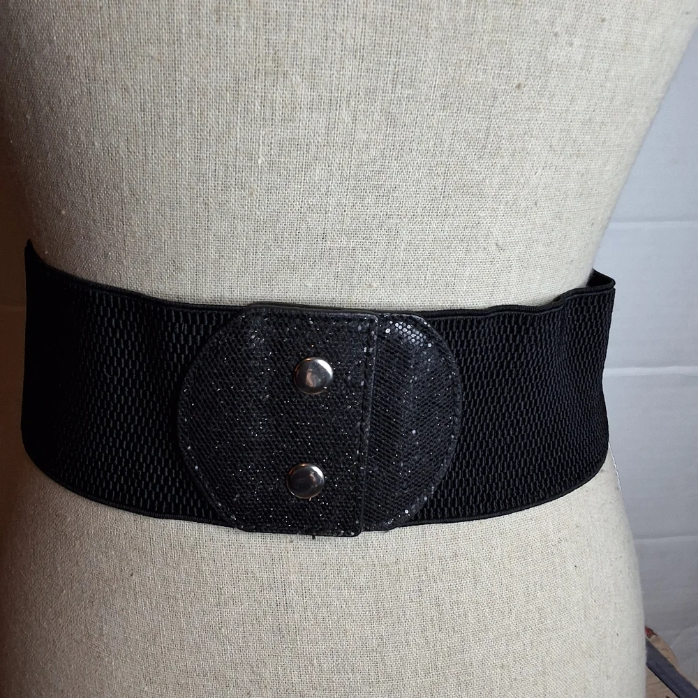 Vintage 1980s Black Bow Waist Belt – Wide Elastic Glam Statement Belt M/L - Picture 6 of 11